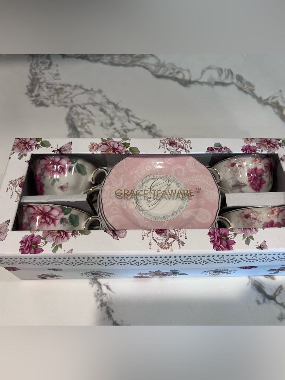 Grace Teaware Porcelain Set of 4 Espresso Cups & Saucers Pink Floral Design